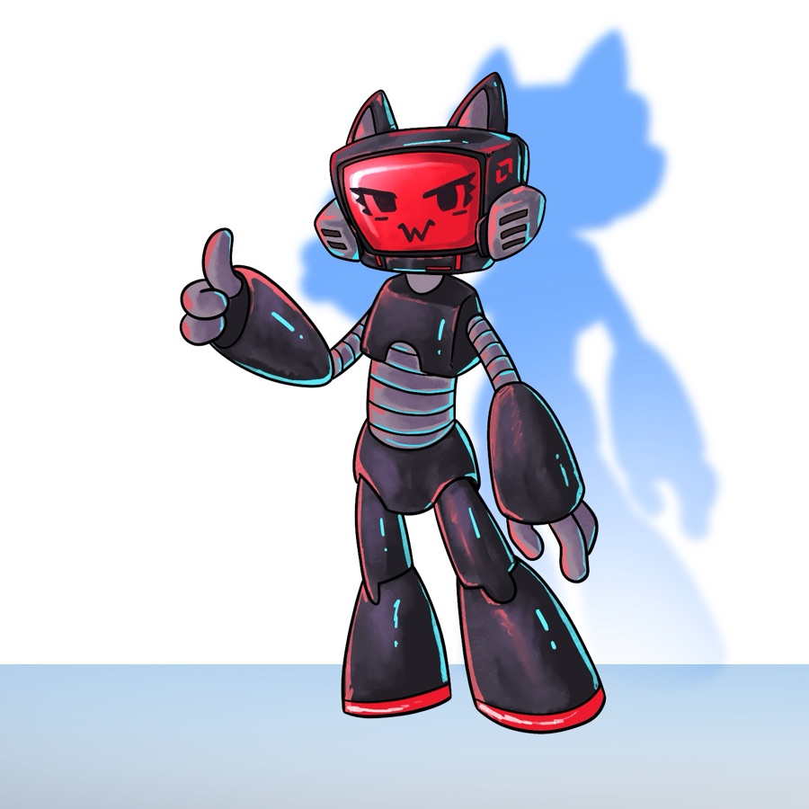 Purrcessor standing with a thumbs up, cat-shaped shadow behind it