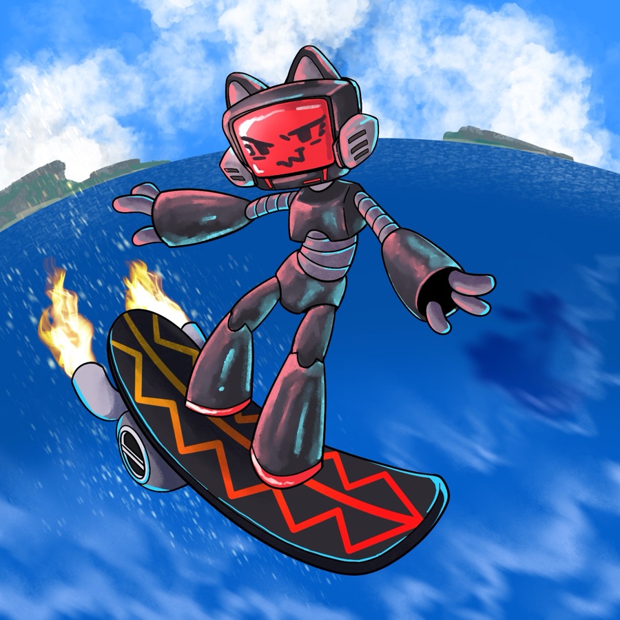 Purrcessor riding a jet board over the ocean