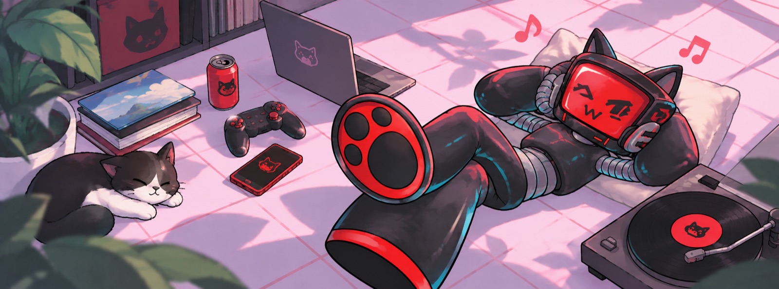 Purrcessor lounging on the floor with a sleeping cat, a laptop and a turntable